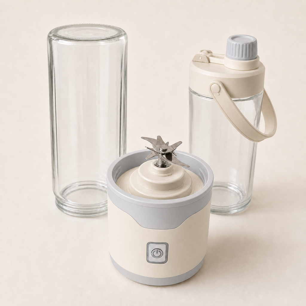 Blendora Portable Mixer Doppel-Set in Beige, Mixbecher, Motorsockel und Trinkflasche einzeln