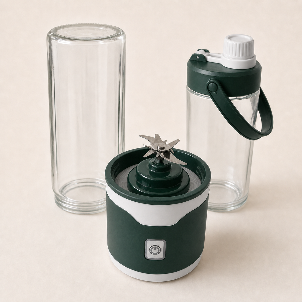 Blendora Portable Mixer Doppel-Set in Dunkelgrün, Mixbecher, Motorsockel und Trinkflasche einzeln