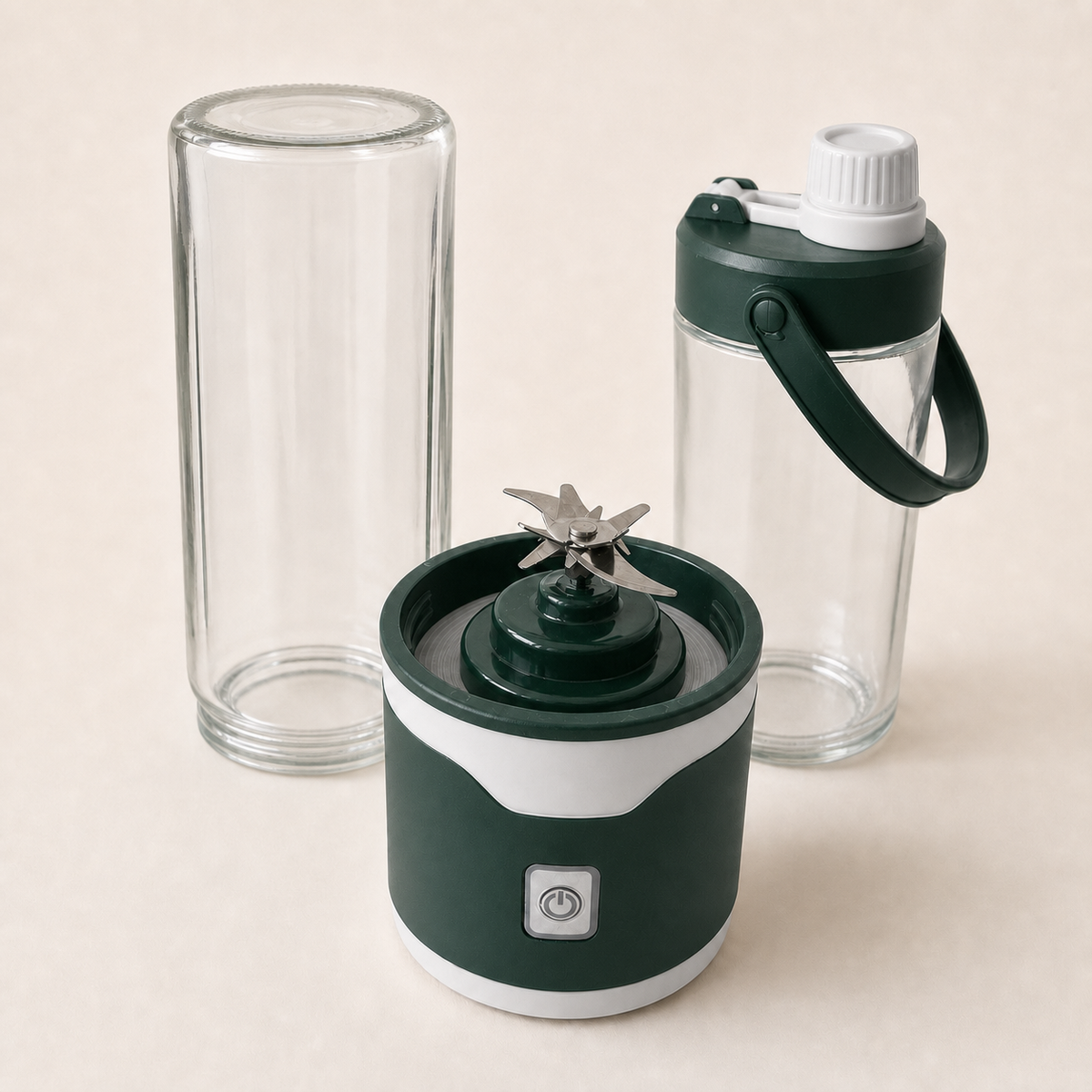 Blendora Portable Mixer Doppel-Set in Dunkelgrün, Mixbecher, Motorsockel und Trinkflasche einzeln