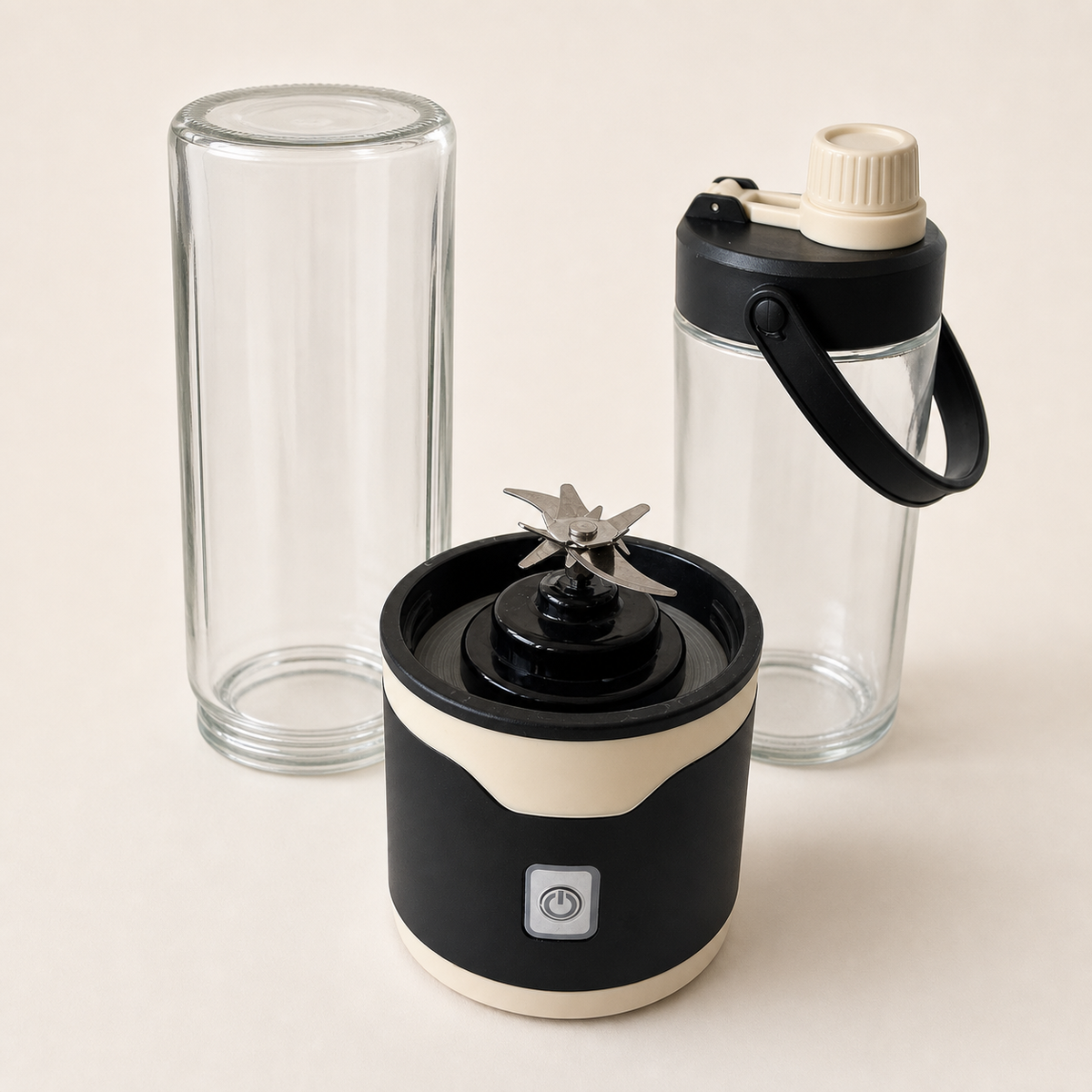Blendora Portable Mixer Doppel-Set in Schwarz, Mixbecher, Motorsockel und Trinkflasche einzeln