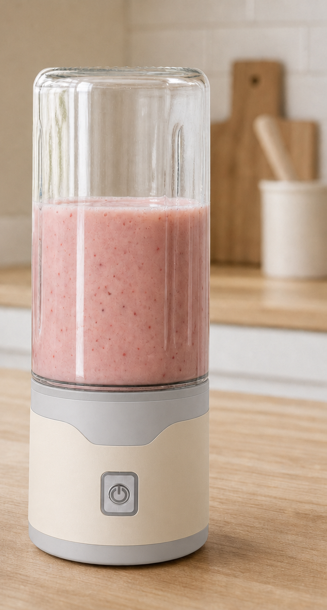 Blendora Portable Mixer in Beige mit Smoothie in der Küche