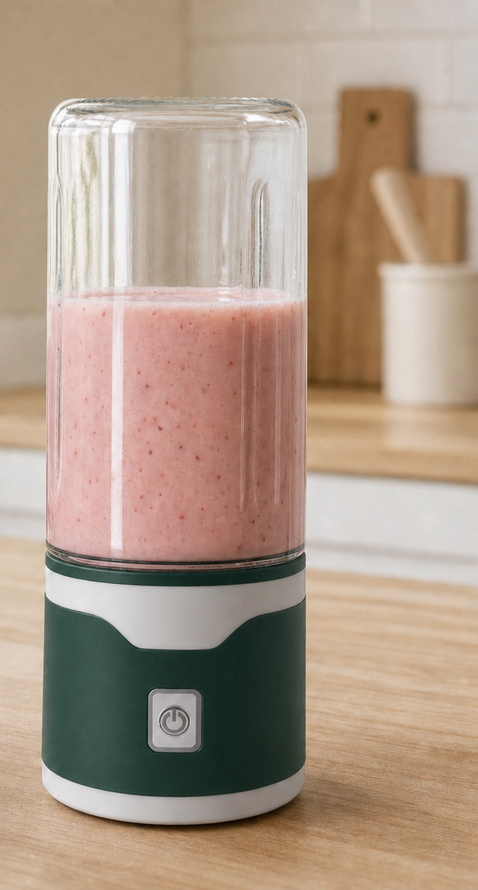 Blendora Portable Mixer in Dunkelgrün mit Smoothie in der Küche