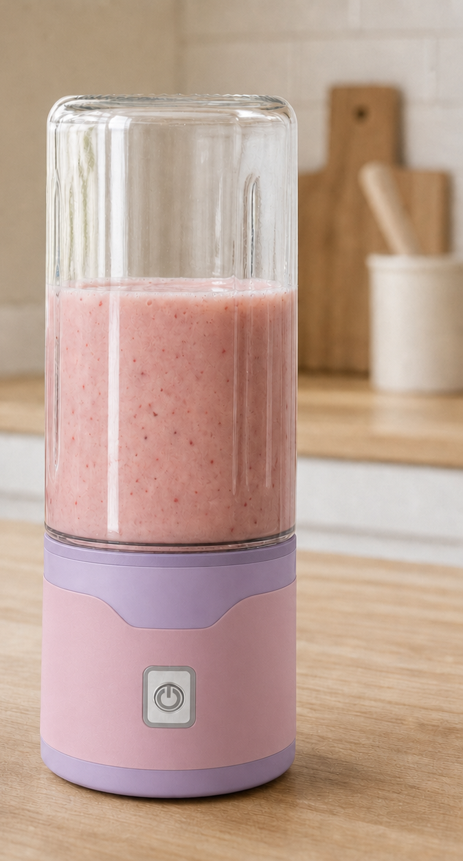 Blendora Portable Mixer in Rosa mit Smoothie in der Küche