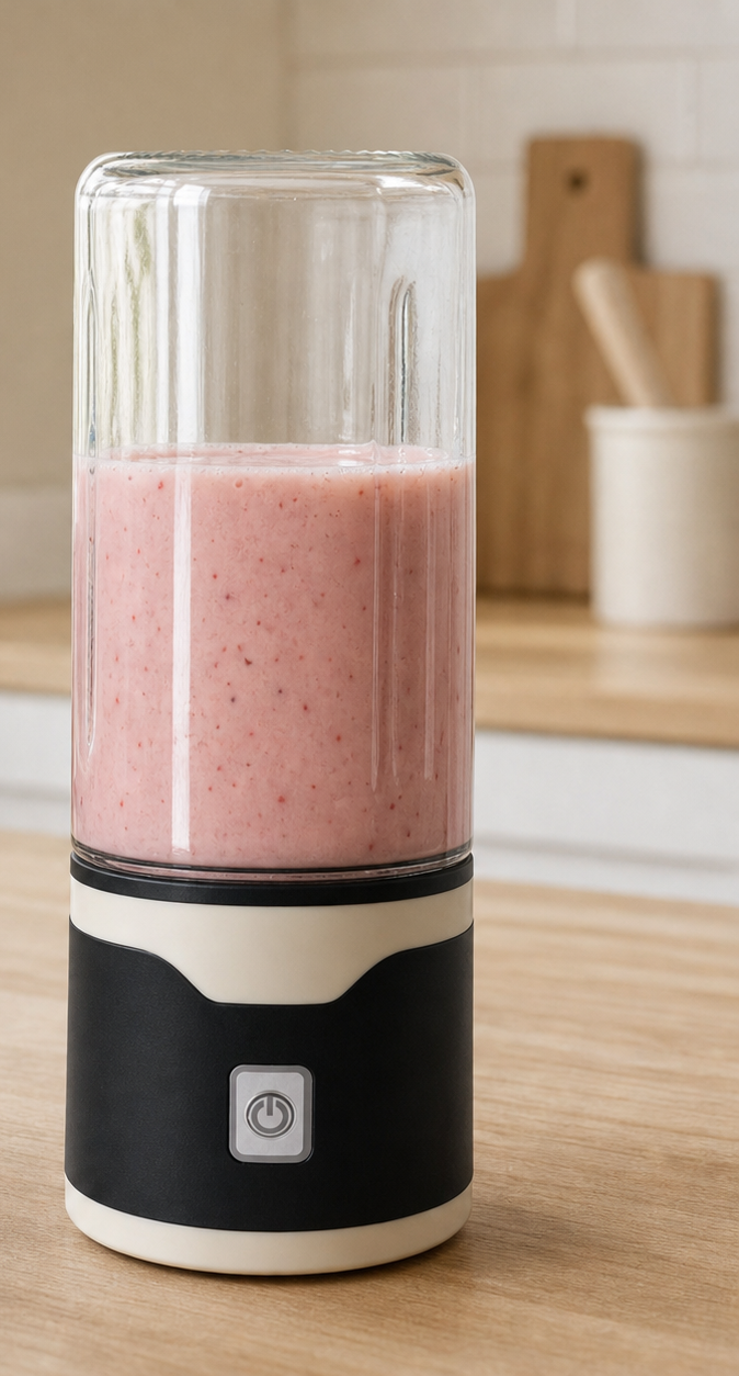 Blendora Portable Mixer in Schwarz mit Smoothie in der Küche